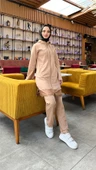 Fermuarlı Kapşonlu Dantel Desenli Tunik Pantolon İkili Spor Takım - 71158.026 - Bej thumbnail 3