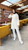 Fermuarlı Kapşonlu Dantel Desenli Tunik Pantolon İkili Spor Takım - 71158.023 - Krem - 5