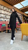 Fermuarlı Kapşonlu Dantel Desenli Tunik Pantolon İkili Spor Takım - 71158.003 - Siyah - 1