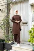 Kruvaze Bisiklet Yaka Sade Basic Tunik Panolon İkili Takım - 03076.028 - Kahverengi thumbnail 4