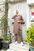Kruvaze Bisiklet Yaka Sade Basic Tunik Panolon İkili Takım - 03076.016 - Vizon thumbnail 7