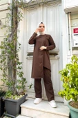 Kruvaze Bisiklet Yaka Sade Basic Tunik Panolon İkili Takım - 03076.028 - Kahverengi thumbnail 8