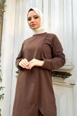 Kruvaze Bisiklet Yaka Sade Basic Tunik Panolon İkili Takım - 03076.028 - Kahverengi thumbnail 9