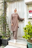 Kruvaze Bisiklet Yaka Sade Basic Tunik Panolon İkili Takım - 03076.016 - Vizon thumbnail 5