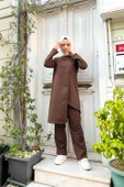 Kruvaze Bisiklet Yaka Sade Basic Tunik Panolon İkili Takım - 03076.028 - Kahverengi thumbnail 7