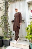 Kruvaze Bisiklet Yaka Sade Basic Tunik Panolon İkili Takım - 03076.028 - Kahverengi thumbnail 2