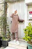 Kruvaze Bisiklet Yaka Sade Basic Tunik Panolon İkili Takım - 03076.016 - Vizon thumbnail 3