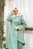 Kruvaze Bisiklet Yaka Sade Basic Tunik Panolon İkili Takım - 03076.100 - Çağla Yeşili thumbnail 10