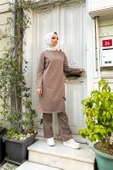 Kruvaze Bisiklet Yaka Sade Basic Tunik Panolon İkili Takım - 03076.016 - Vizon thumbnail 2