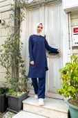 Kruvaze Bisiklet Yaka Sade Basic Tunik Panolon İkili Takım - 03076.202 - Açık Lacivert thumbnail 8