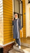 Fermuarlı Kapşonlu Uzun Tunik Pantolon İkili Tesettür Eşofman Takımı - 03077.006 - İndigo - 6