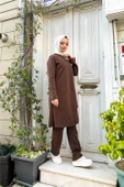 Kruvaze Bisiklet Yaka Sade Basic Tunik Panolon İkili Takım - 03076.028 - Kahverengi thumbnail 5