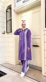 Fermuarlı Kapşonlu Uzun Tunik Pantolon İkili Tesettür Eşofman Takımı - 03077.207 - Koyu Lila - 3