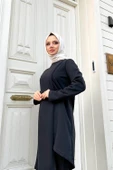 Kruvaze Bisiklet Yaka Sade Basic Tunik Panolon İkili Takım - 03076.003 - Siyah thumbnail 3