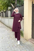 Kruvaze Bisiklet Yaka Sade Basic Tunik Panolon İkili Takım - 03076.020 - Mürdüm thumbnail 8