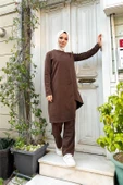 Kruvaze Bisiklet Yaka Sade Basic Tunik Panolon İkili Takım - 03076.028 - Kahverengi thumbnail 3