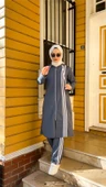 Fermuarlı Kapşonlu Uzun Tunik Pantolon İkili Tesettür Eşofman Takımı - 03077.006 - İndigo - 2