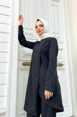 Kruvaze Bisiklet Yaka Sade Basic Tunik Panolon İkili Takım - 03076.003 - Siyah thumbnail 2