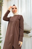 Kruvaze Bisiklet Yaka Sade Basic Tunik Panolon İkili Takım - 03076.028 - Kahverengi thumbnail 10