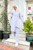 Kruvaze Bisiklet Yaka Sade Basic Tunik Panolon İkili Takım - 03076.008 - Gri thumbnail 3