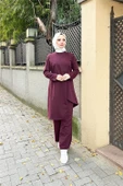 Kruvaze Bisiklet Yaka Sade Basic Tunik Panolon İkili Takım - 03076.020 - Mürdüm thumbnail 1