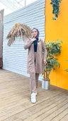 Çıtçıtlı Kapşonlu Uzun Tunik Pantolon İkili Tesettür Eşofman Takımı - 03078.016 - Vizon - 1