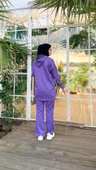 Kapşonlu Çıtçıt Detaylı Kısa Sweat Pantolon İkili Tesettür Eşofman Takımı - 03079.207 - Koyu Lila thumbnail 8