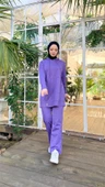 Kapşonlu Çıtçıt Detaylı Kısa Sweat Pantolon İkili Tesettür Eşofman Takımı - 03079.207 - Koyu Lila thumbnail 4