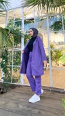 Çıtçıtlı Kapşonlu Uzun Tunik Pantolon İkili Tesettür Eşofman Takımı - 03078.207 - Koyu Lila thumbnail 2