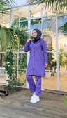 Çıtçıtlı Kapşonlu Uzun Tunik Pantolon İkili Tesettür Eşofman Takımı - 03078.207 - Koyu Lila thumbnail 4