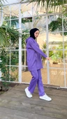Kapşonlu Çıtçıt Detaylı Kısa Sweat Pantolon İkili Tesettür Eşofman Takımı - 03079.207 - Koyu Lila thumbnail 6