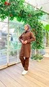 Çıtçıtlı Kapşonlu Uzun Tunik Pantolon İkili Tesettür Eşofman Takımı - 03078.028 - Kahverengi thumbnail 3