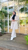 Çıtçıtlı Kapşonlu Uzun Tunik Pantolon İkili Tesettür Eşofman Takımı - 03078.027 - Ekru - 3