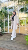 Çıtçıtlı Kapşonlu Uzun Tunik Pantolon İkili Tesettür Eşofman Takımı - 03078.027 - Ekru - 2