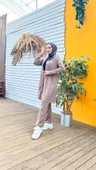 Çıtçıtlı Kapşonlu Uzun Tunik Pantolon İkili Tesettür Eşofman Takımı - 03078.016 - Vizon - 6