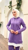 Yazı Baskılı Garni Detaylı Kapşonlu Kısa Sweat Pantolon İkili Tesettür Eşofman Takımı - 03080.207 - Koyu Lila thumbnail 10