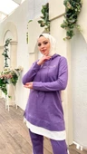 Yazı Baskılı Garni Detaylı Kapşonlu Kısa Sweat Pantolon İkili Tesettür Eşofman Takımı - 03080.207 - Koyu Lila thumbnail 9