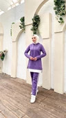 Yazı Baskılı Garni Detaylı Kapşonlu Kısa Sweat Pantolon İkili Tesettür Eşofman Takımı - 03080.207 - Koyu Lila thumbnail 5