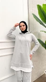 Yazı Baskılı Garni Detaylı Kapşonlu Kısa Sweat Pantolon İkili Tesettür Eşofman Takımı - 03080.008 - Gri thumbnail 7