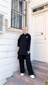 Kapşonlu Yırtmacı Bağcık Detaylı Pamuklu Tesettür Eşofman Takımı - (38-46) - 71168 - Siyah thumbnail 12