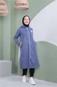 Yazı Baskılı Fermuarlı Kapşonlu Uzun Sweat - 03081.006 - İndigo - 7