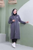 Yazı Baskılı Fermuarlı Kapşonlu Uzun Sweat - 03081.017 - Antrasit - 2