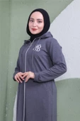 Yazı Baskılı Fermuarlı Kapşonlu Uzun Sweat - 03081.017 - Antrasit - 6