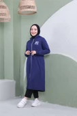 Yazı Baskılı Fermuarlı Kapşonlu Uzun Sweat - 03081.202 - Açık Lacivert - 1