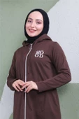 Yazı Baskılı Fermuarlı Kapşonlu Uzun Sweat - 03081.028 - Kahverengi - 5