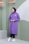 Yazı Baskılı Fermuarlı Kapşonlu Uzun Sweat - 03081.207 - Koyu Lila - 4