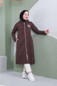 Yazı Baskılı Fermuarlı Kapşonlu Uzun Sweat - 03081.028 - Kahverengi - 3