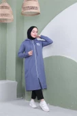 Yazı Baskılı Fermuarlı Kapşonlu Uzun Sweat - 03081.006 - İndigo - 4