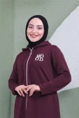 Yazı Baskılı Fermuarlı Kapşonlu Uzun Sweat - 03081.020 - Mürdüm - 7