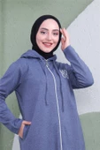 Yazı Baskılı Fermuarlı Kapşonlu Uzun Sweat - 03081.006 - İndigo - 8